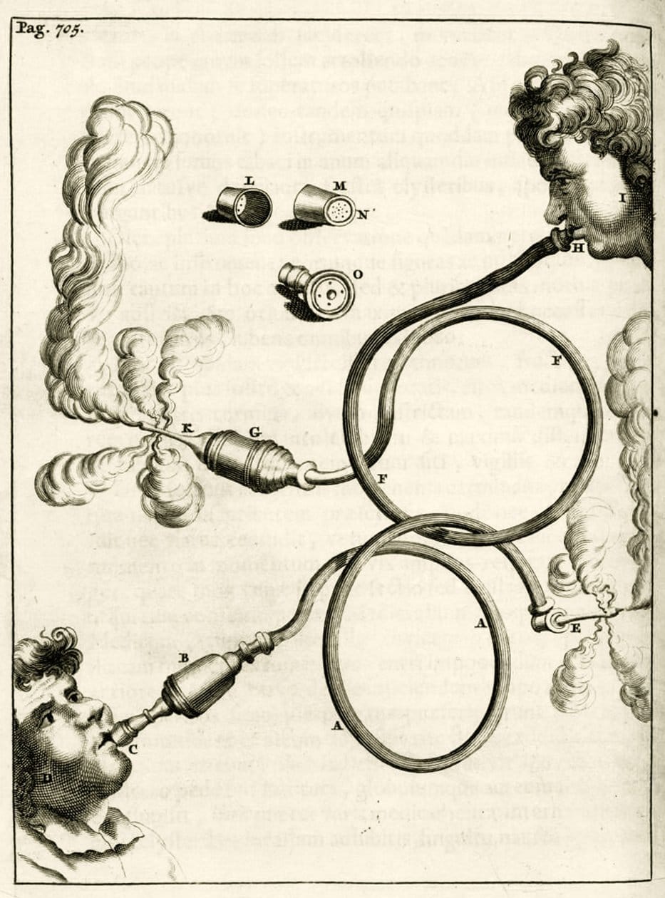 Historic illustration of a tobacco smoke enema apparatus used in early resuscitation attempts (public domain)