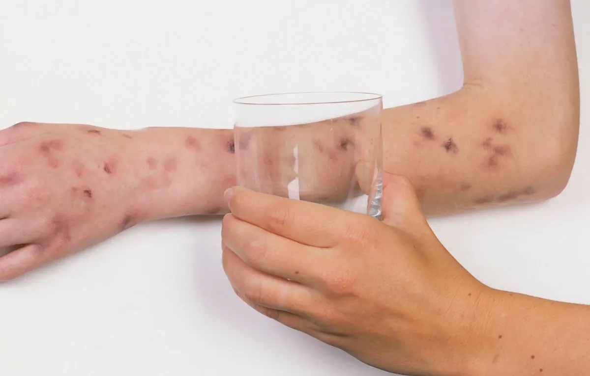 Demonstration of the glass test used to check for a meningitis rash, showing a non-blanching rash that remains visible when a clear glass is pressed against the skin.